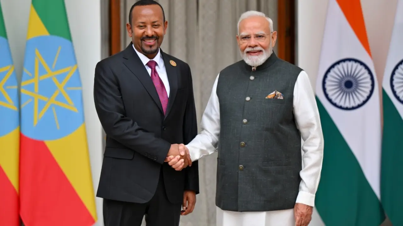 In Photos: PM Modi meets Ethiopian PM Abiy Ahmed Ali on BRICS Summit sidelines The bilateral meeting between the two leaders comes as India is hosting the 18th BRICS Summit under its 2026 Chairship on September 12-13. Pic/PTI