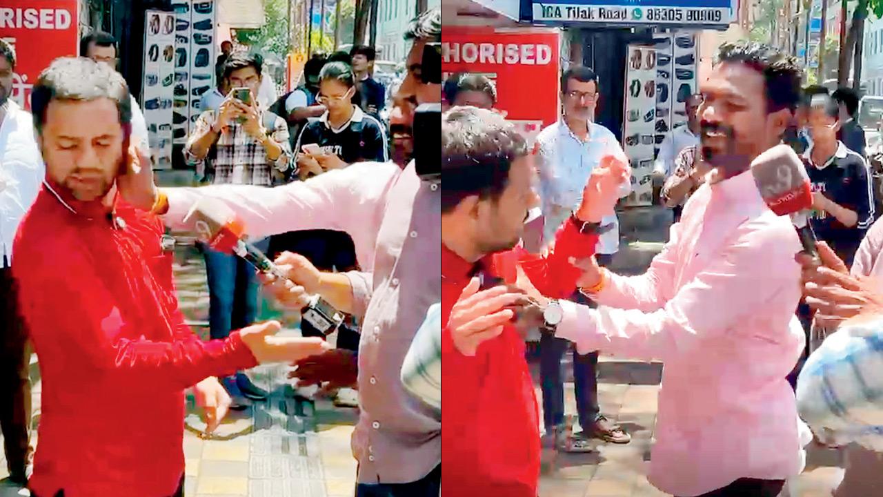 Pune Ganesh DJ row: Activist allegedly assaulted as debate over noise pollution during processions intensifies Screengrab shows Santosh Chavan, a resident of Rautwadi in Pune’s Kothrud, striking Bapat (in red shirt) during his media interaction