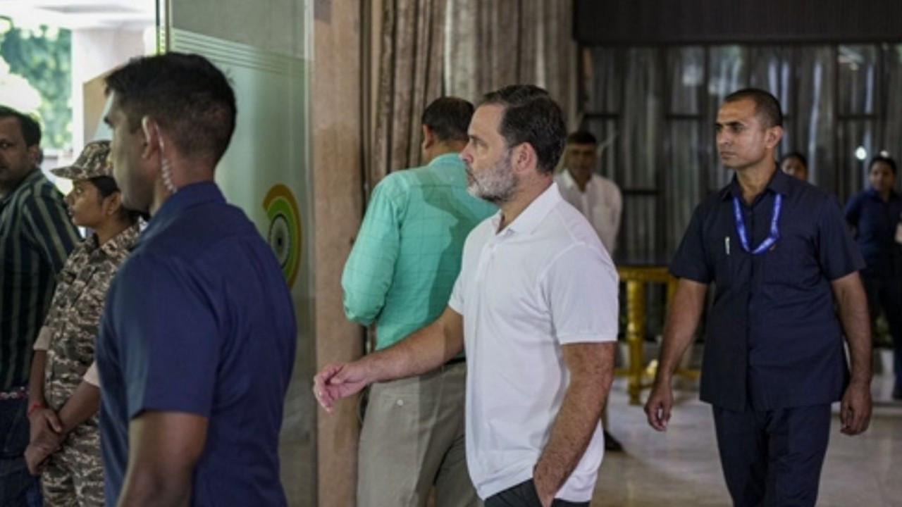 Lok Sabha LoP Rahul Gandhi arrives for the INDIA bloc meeting to finalise an action plan for a joint agitation over alleged irregularities in the SIR exercise and to press for CEC Gyanesh Kumar's resignation