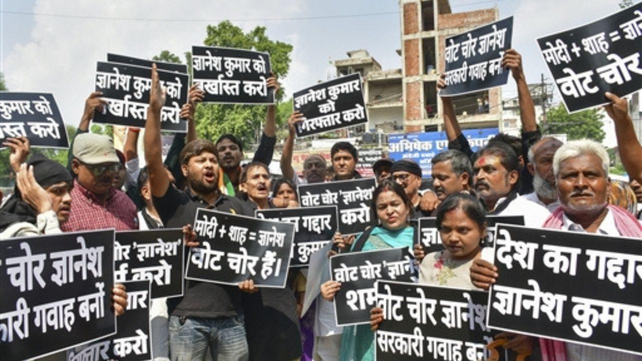 In Uttar Pradesh, particularly, the Congress has intensified its protests. Congress workers carry placards against the CEC in Prayagraj In Uttar Pradesh, particularly, the Congress has intensified its protests. Congress workers carry placards against the CEC in Prayagraj