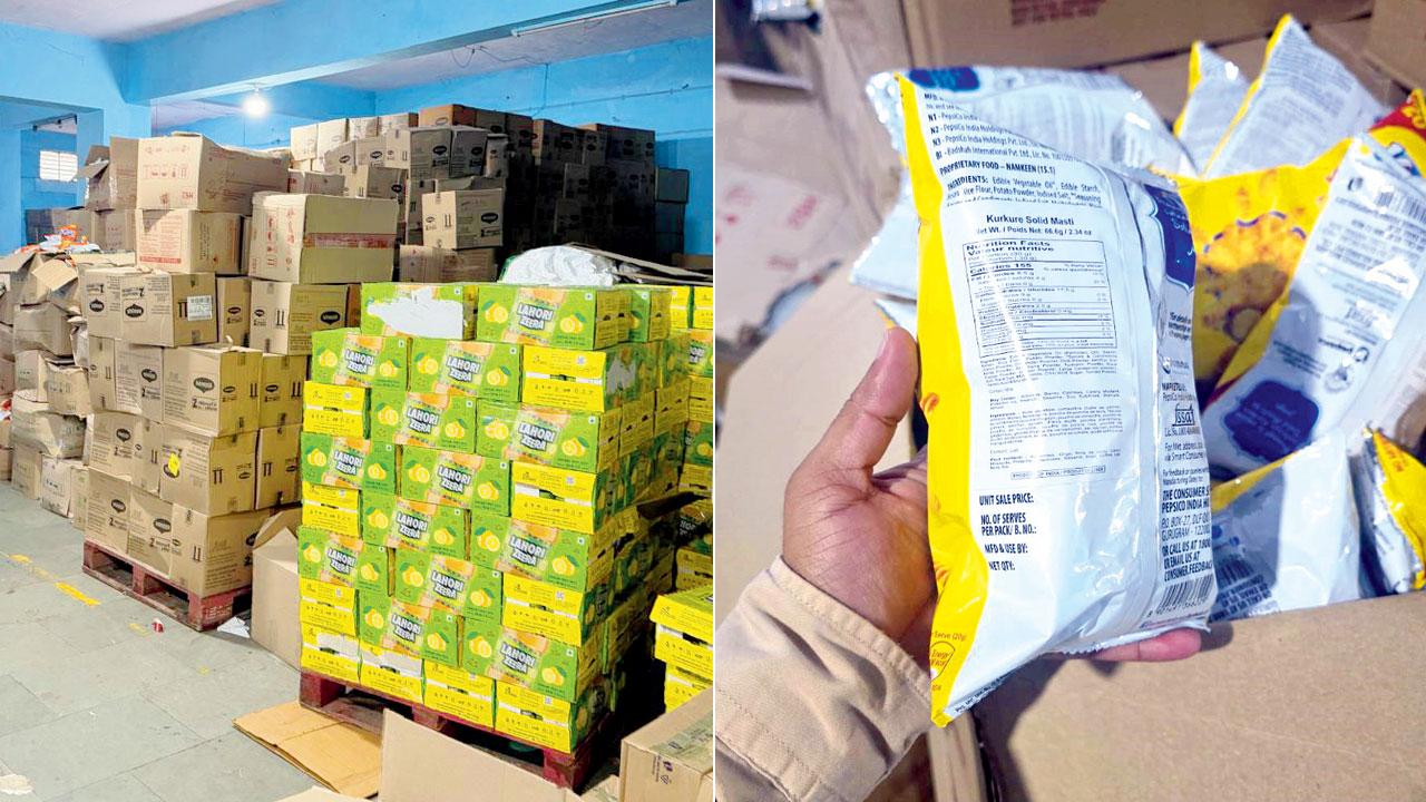 Navi Mumbai raid busts interstate syndicate tampering with food expiry dates Boxes of Lahori soda and Maggi seized; (right) Kurkure packets had no expiry date printed. Pics/By Special Arrangement