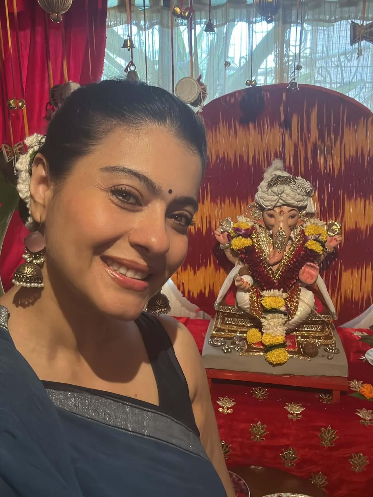 Kajol drops a mandatory selfie with Bappa, as she arrives for darshan. In the caption she shared, "My daughter gave me the saree, my best friend crocheted the gajra in my hair, my other best friend called me for darshan and Bappa gave me his blessing. I am so loved..." Kajol drops a mandatory selfie with Bappa, as she arrives for darshan. In the caption she shared, "My daughter gave me the saree, my best friend crocheted the gajra in my hair, my other best friend called me for darshan and Bappa gave me his blessing. I am so loved..."