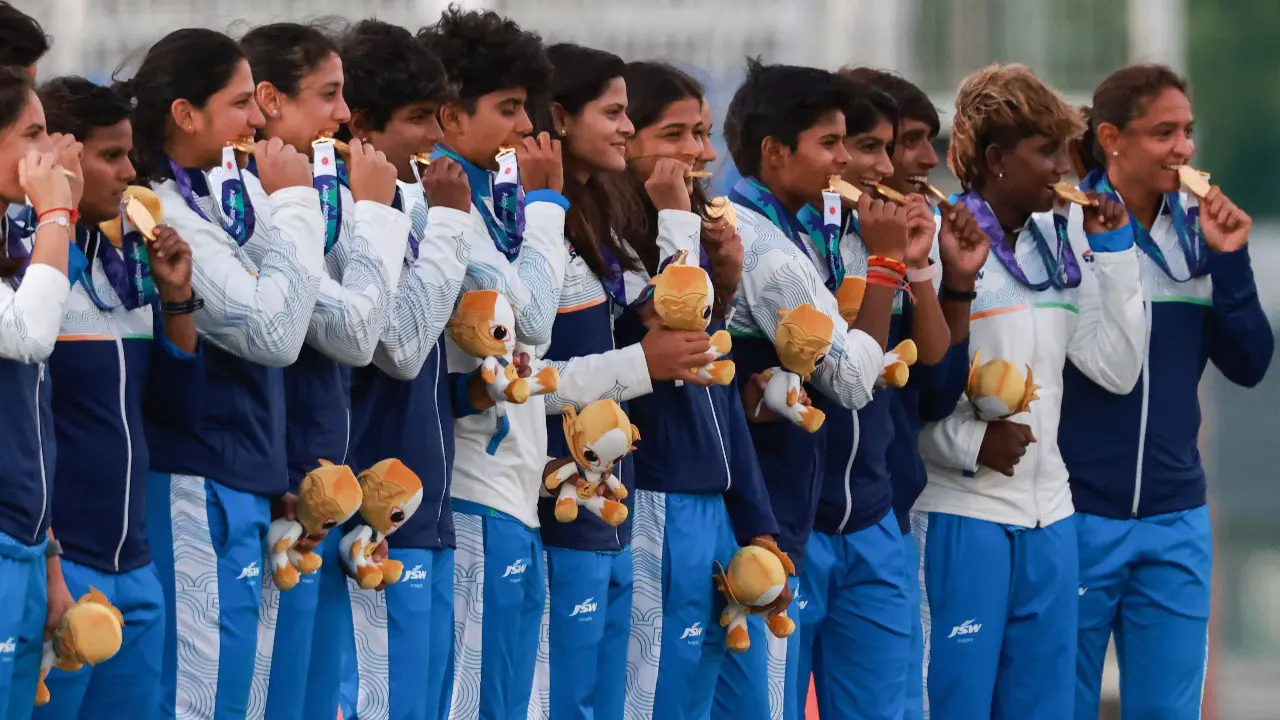 Asian Games 2026: Indian Women's team win gold medal, beat SL by 147 runs Indian women's team with the gold medal (Pic: AFP)