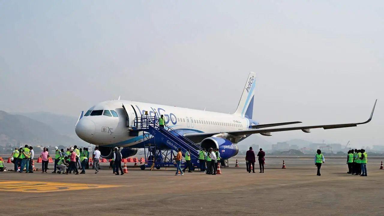 Airport traffic regulators waive international flight landing charges at NMIA Indigo Airbus 320 aircraft at Navi Mumbai International Airport. File pic