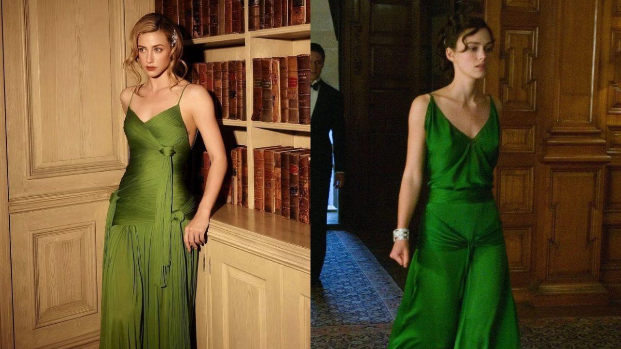 Atonement: Lili recreated the essence of Keira Knightley’s unforgettable emerald-green dress from Atonement with a custom Tory Burch gown and a library setting