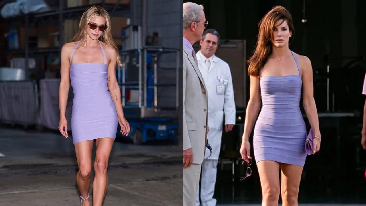 Miss Congeniality: Lili channelled Sandra Bullock’s Gracie Hart in a custom Herve Leger recreation of the iconic lilac bandage dress from the 2000 comedy
