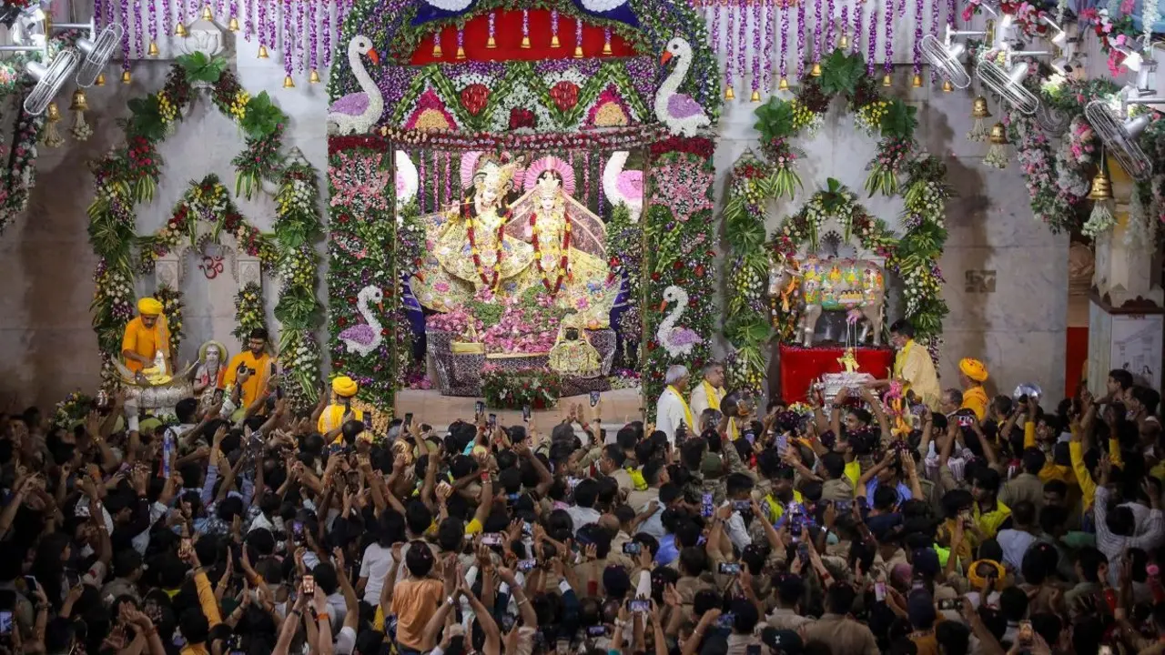 IN PHOTOS: Devotees celebrate at Mathura’s Sri Krishna Janmasthan Janmashtami celebrations at Sri Krishna Janmasthan in Mathura draw devotees in devotional fervour. (PICS/ PTI)