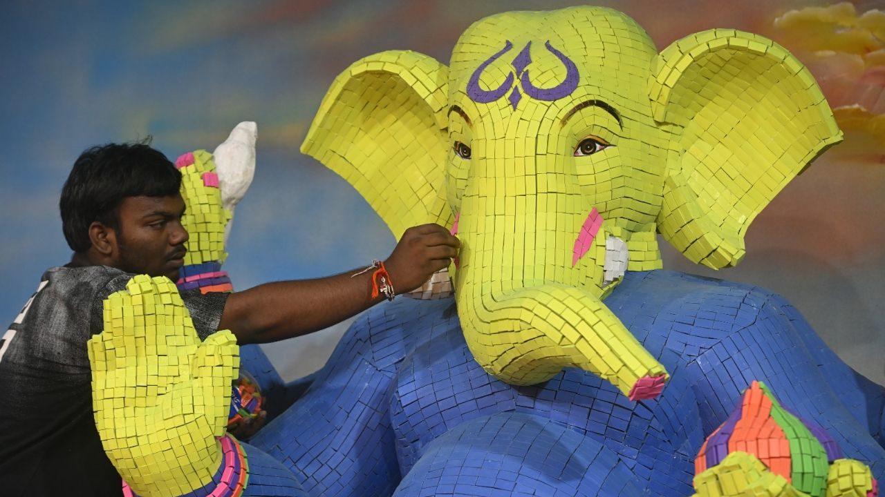 This year, a Ganpati idol at Makab Chawl near SS Bridge in Byculla has caught attention for its distinctive choice of material — more than 5,000 erasers