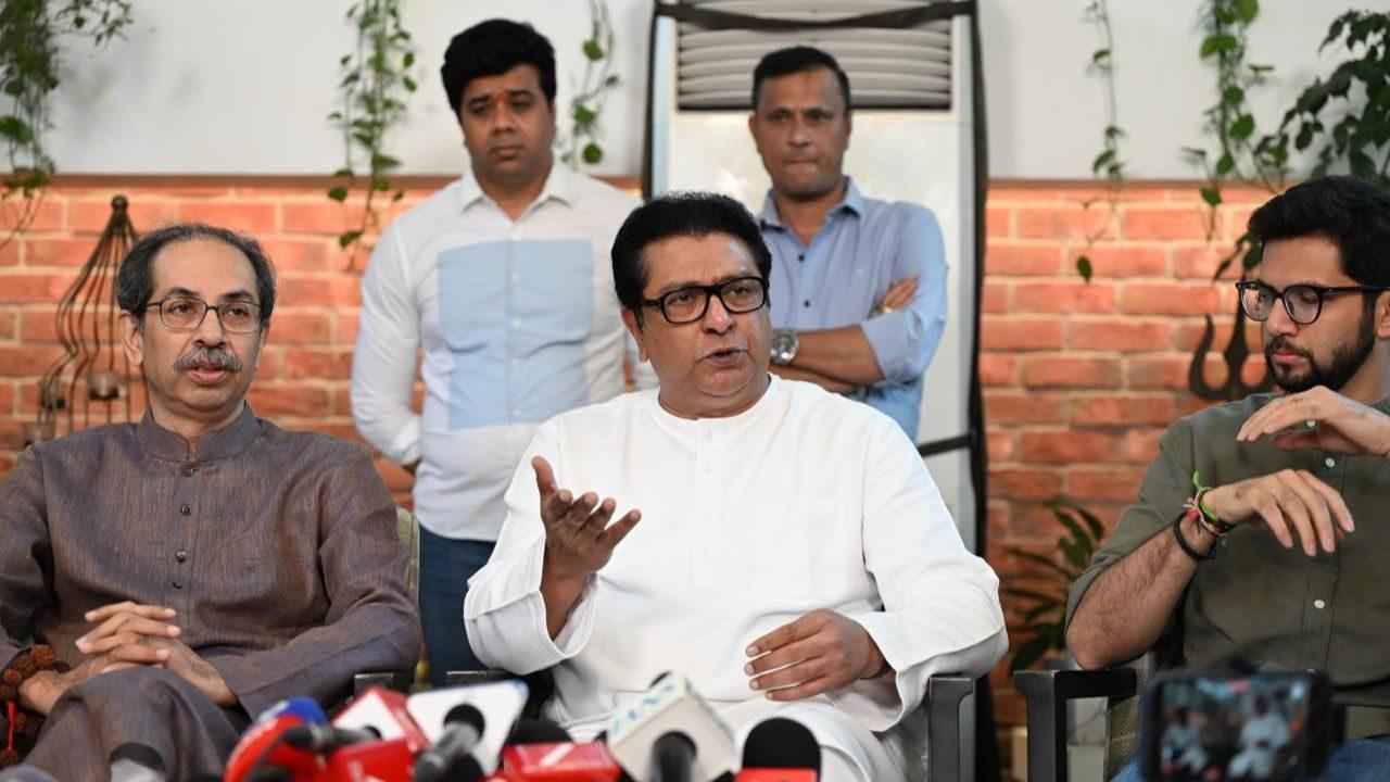 Raj Thackeray said the two parties would invite other political parties to participate in the march. Uddhav's son and Worli legislator Aaditya Thackeray was also present for the joint press conference Raj Thackeray said the two parties would invite other political parties to participate in the march. Uddhav's son and Worli legislator Aaditya Thackeray was also present for the joint press conference