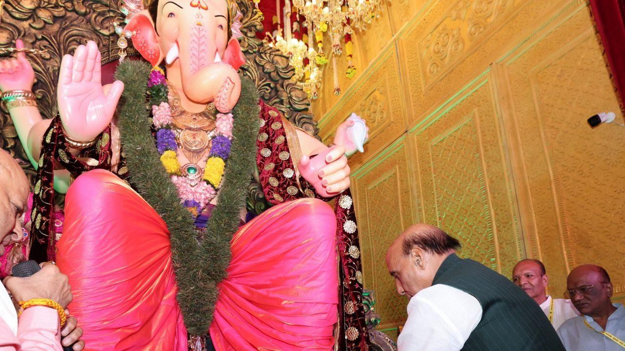 Union Defence Minister Rajnath Singh offers prayers to Lalbaugcha Raja at a Ganesh Chaturthi pandal in Pitampura, New Delhi, on Monday Union Defence Minister Rajnath Singh offers prayers to Lalbaugcha Raja at a Ganesh Chaturthi pandal in Pitampura, New Delhi, on Monday
