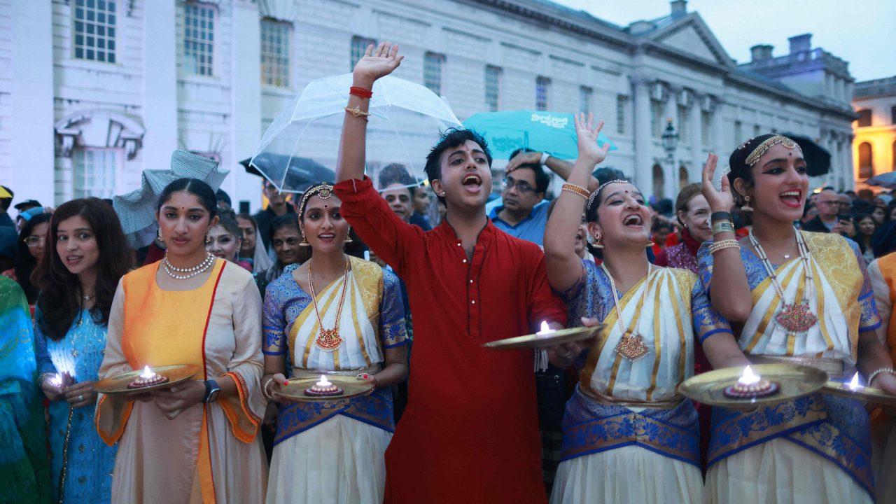 Participants take part a "Ceremony of Light: Ganga Aarti on the Thames" traditional Indian ritual, in the Greenwich area of south-east London on September 13