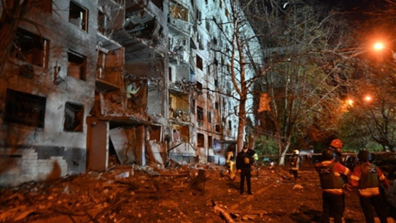 A high-rise apartment building in Kharkiv is damaged after a Russian strike, with the second and fourth floors partially destroyed, according to Ukrainian authorities