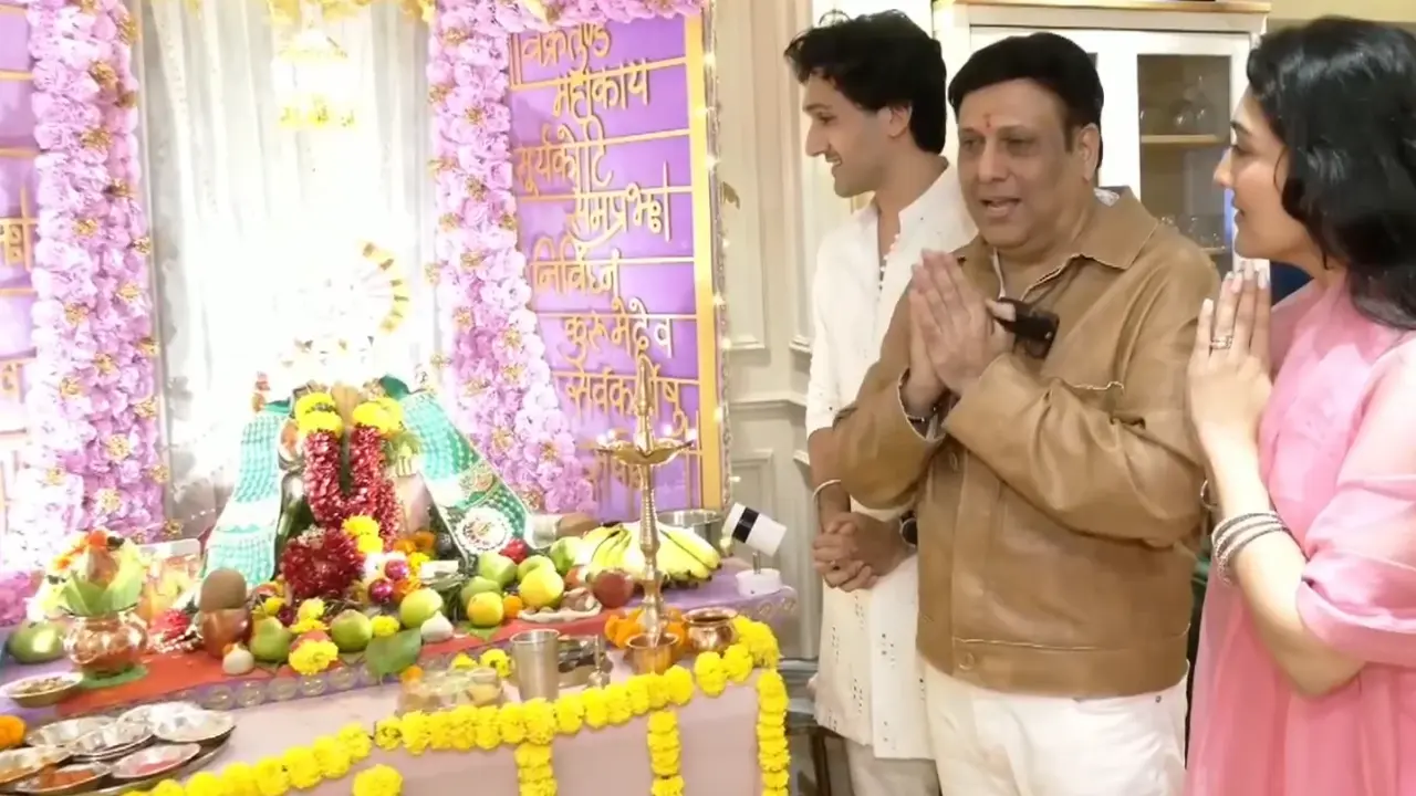 Govinda rushes back from US to celebrate Ganesh Chaturthi after Sunita Ahuja said, 'This is his home..' Govinda with Yashvardhan and Tina Ahuja (Picture via ANI)