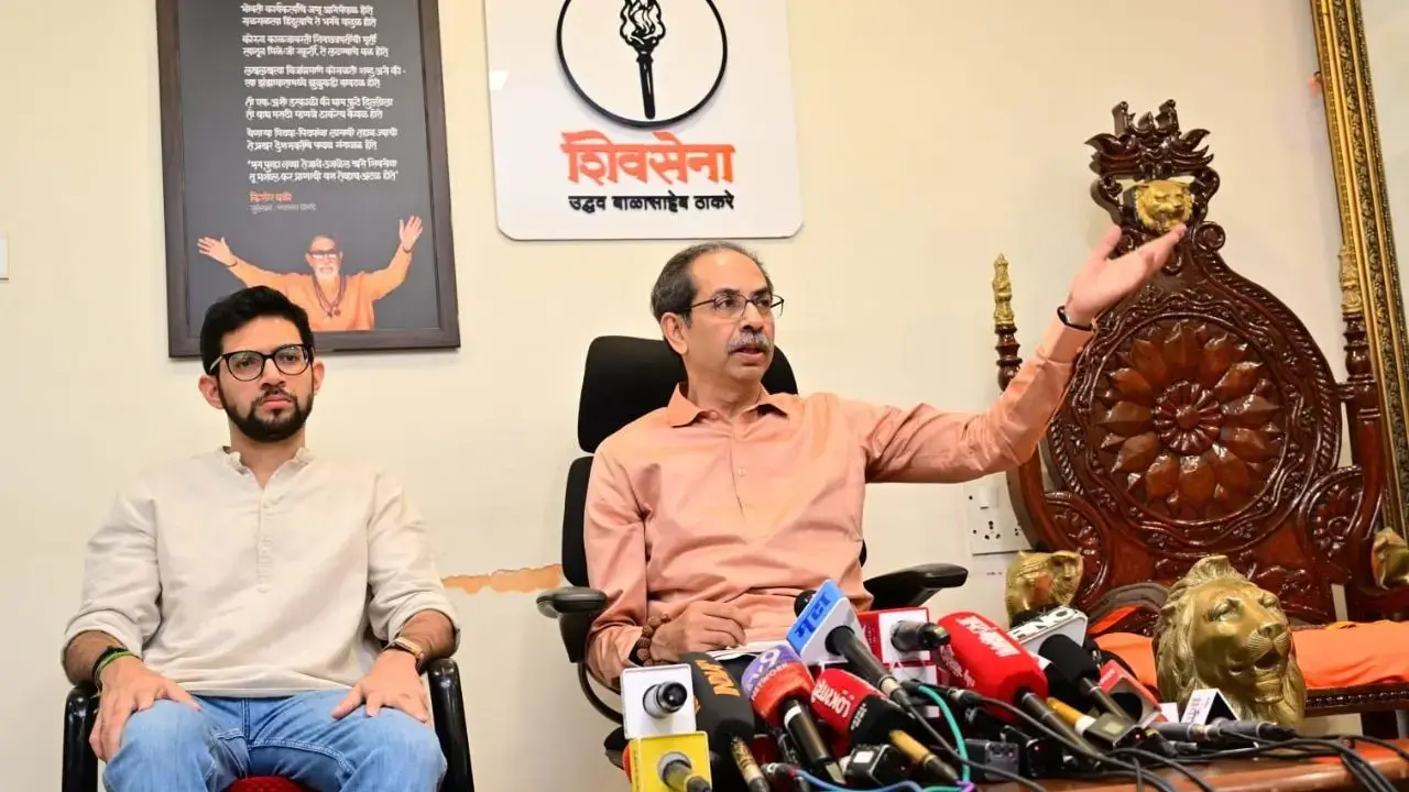Uddhav Thackeray (right) demanded the removal and arrest of Chief Election Commissioner Gyanesh Kumar on Wednesday. PICS/ SHADAB KHAN