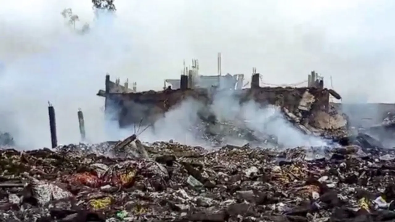 In Photos: Kaushambi firecracker factory blast kills 11, injures five Smoke erupts from charred remains after an explosion in a firecracker factory, in Pipri area, Kaushambi. Pic/PTI