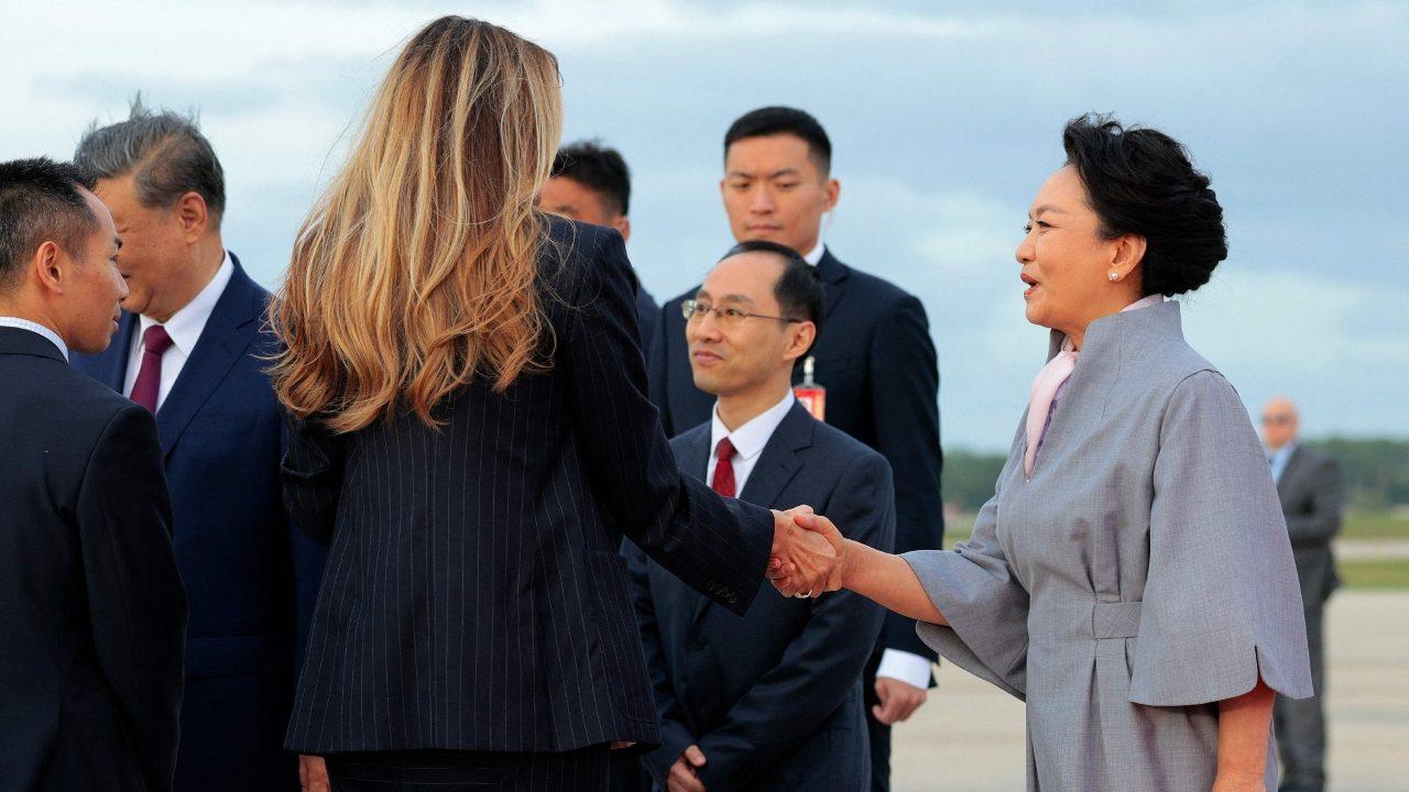 Two B-1 bombers of the US Air Force flew over the airbase as the band played the national anthems of the US and China.