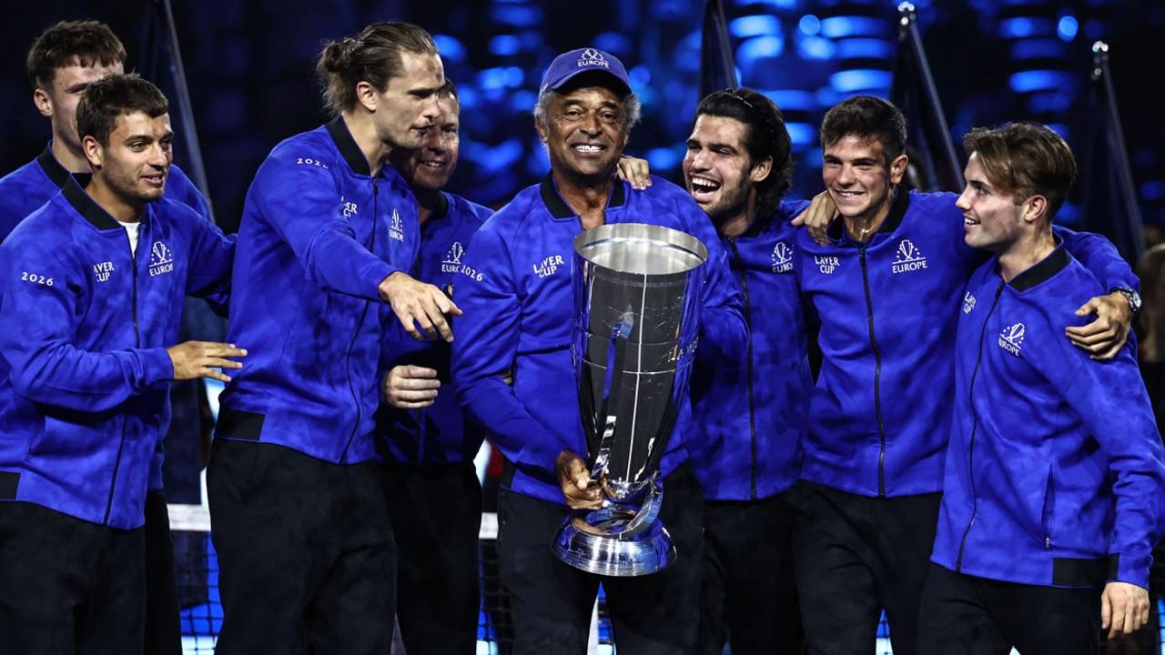 Team Europe beat Team World 13-5 to clinch Laver Cup Team Europe's French captain Yannick Noah (4th R) poses with the trophy and the team, including Spain's Carlos Alcaraz (3rd R) and Germany's Alexander Zverev (3rd L), following their victory over Team World in the 2026 Laver Cup tennis tournament at the O2 Arena in London. Pic/AFP