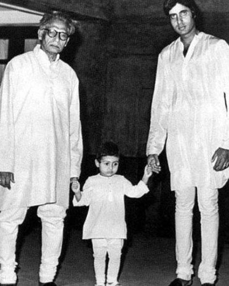 Harivansh Rai Bachchan and Amitabh Bachchan with Abhishek Bachchan. The trio is twinning in a silk kurta, pajama here.