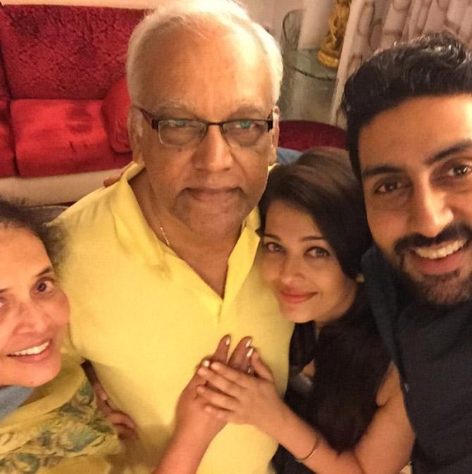 Aishwarya Rai Bachchan poses for a selfie with her parents Vrinda Rai and Krishnaraj Rai, and hubby Abhishek Bachchan.