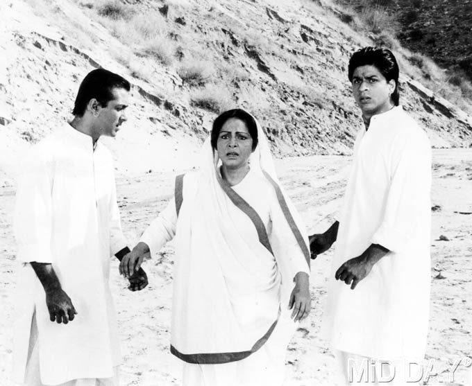 Salman Khan and Shah Rukh Khan seen with Rakhee in Rakesh Roshan's reincarnation saga Karan Arjun (1995). In spite of the dated theme, the film was a hit, and the SRK-Sallu camaraderie had a big role to play in it. Their on-screen chemistry rocked in the 1995 hit, in which they played brothers.