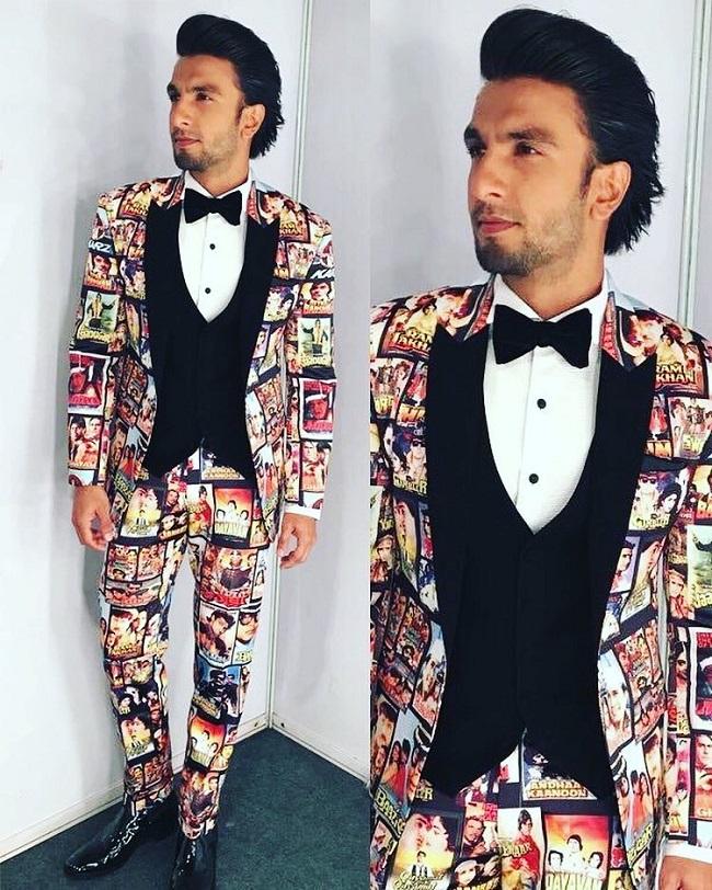 Ranveer Singh wore this tuxedo which pays homage to the Indian film industry at an awards function