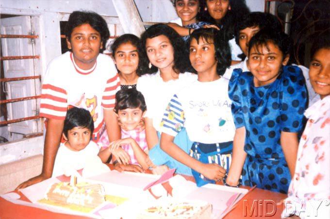 Rani Mukerji (in the polka-dotted blue dress) with her friends at a party.