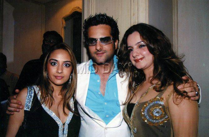 Fardeen Khan had signed Hansal Mehta's Shaadi.com, which was launched by Feroz Khan in 2005. The film, which also starred Celina Jaitley and Paresh Rawal, got shelved later.
Pictured: Fardeen Khan with wife Natasha Madhwani (L) and sister Laila Khan (R) at a party.