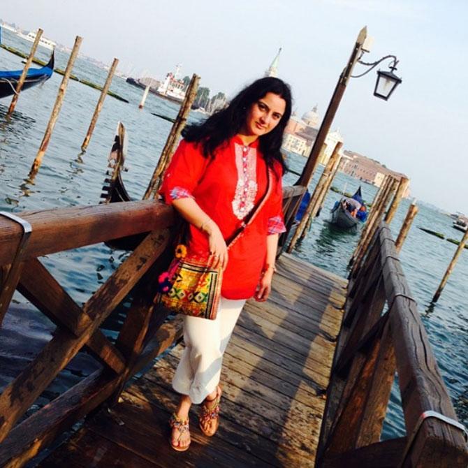 Farha Naaz in a picture from her holiday abroad. She shared the photo on Instagram and wrote, #gandola #beautiful #venice #italy #vacation #summer2014 don't miss them sandals.