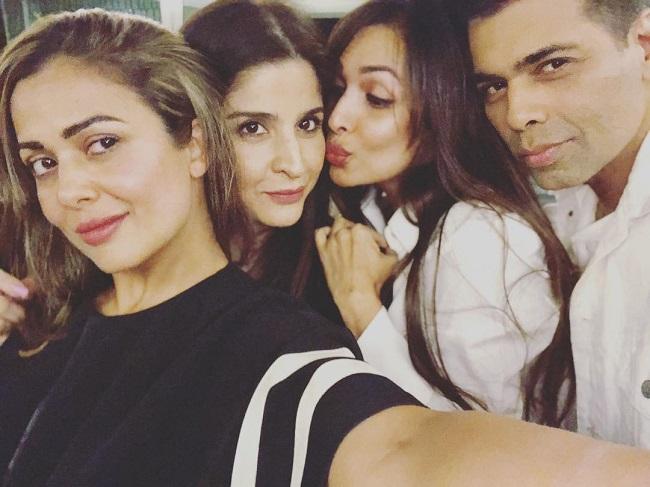 Malaika Arora's bonding with Maheep Kapoor and Amrita Arora Ladak is evident in this picture. Also present in this selfie is filmmaker-actor Karan Johar.