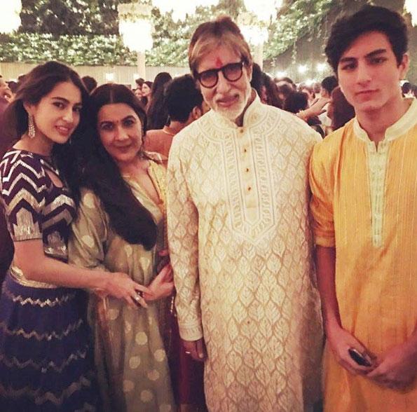 Ibrahim Ali Khan looks just as handsome in a traditional avatar. He is seen posing for a picture with Amitabh Bachchan, Amrita Singh and Sara Ali Khan.