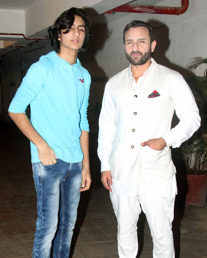 Ibrahim Ali Khan with his dad Saif Ali Khan at his Bandra residence.