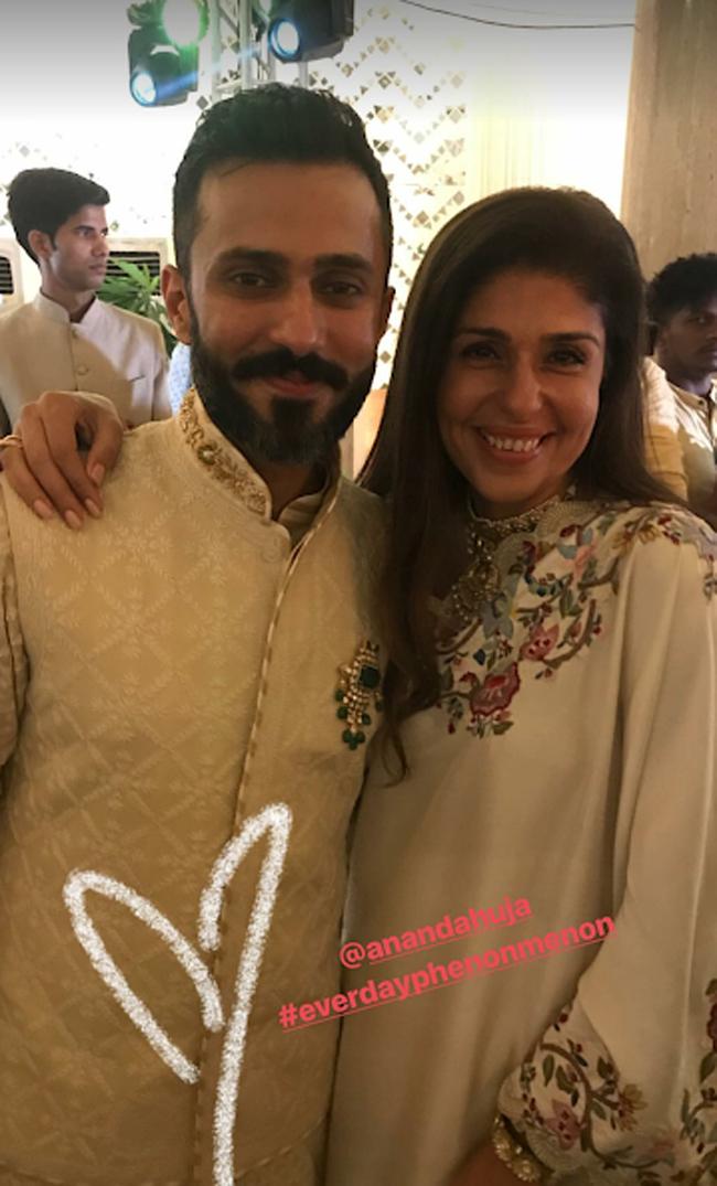 Anaita Adajania poses with Anand Ahuja during the sangeet ceremony.