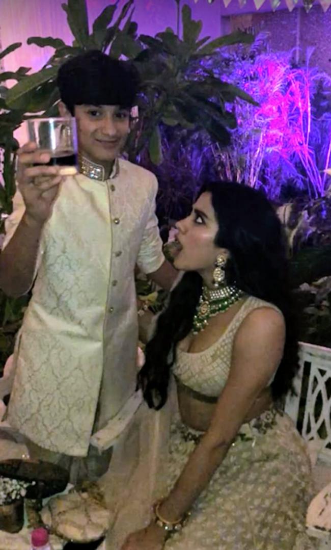 Janhvi Kapoor and Jahaan Kapoor pose for a picture during the sangeet ceremony of Sonam Kapoor and Anand Ahuja.