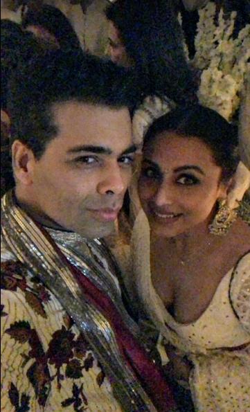 Karan Johar takes a selfie with Rani Mukerji during the sangeet ceremony of Sonam Kapoor and Anand Ahuja.