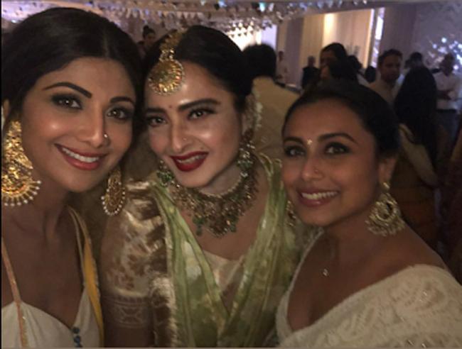 Shilpa Shetty, Rekha, Rani Mukerji pose for a picture during the sangeet ceremony of Sonam Kapoor and Anand Ahuja.