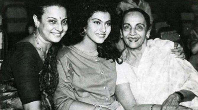 Kajol with her mother Tanuja (left) and grandmother Shobhna Samarth (right). She captioned this photo, that she posted in 2018, '#tbt my muhurat of Bekhudi at RK studios, 26 years back!'. She made her acting debut with Bekhudi in 1992