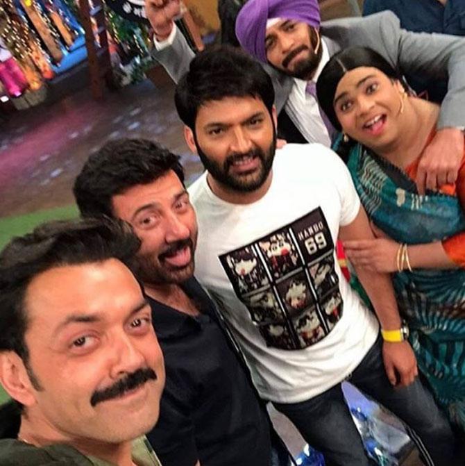 Kapil Sharma with Bobby Deol, Sunny Deol, Sunil Grover and Ali Asgar on the sets of his show.