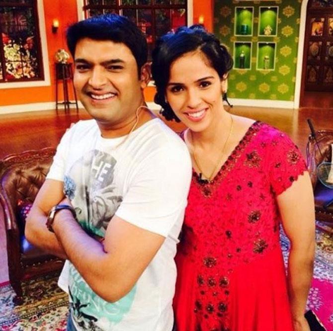 Kapil Sharma and tennis ace Saina Nehwal on the sets of his TV show.