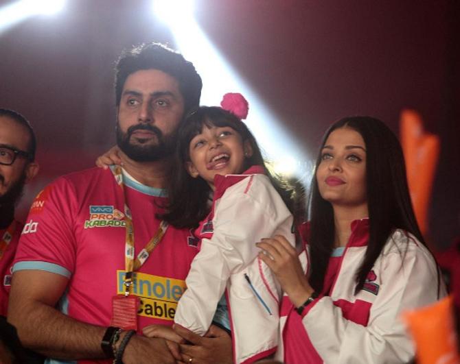 Son Abhishek Bachchan with wife Aishwarya Rai Bachchan and grand-daughter Aaradhya Bachchan at a recent match of their 'Jaipur Pink Panthers' team.