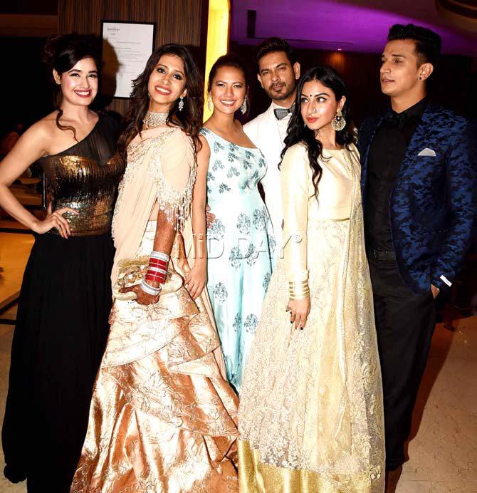 Left to right: Yuvika Chaudhary, Rochelle Rao, Keith Sequeira, Priya Malik, Prince Narula with the happy bride Kishwer Merchantt