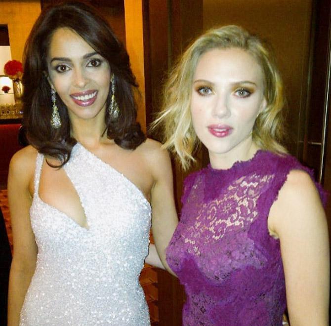 Mallika Sherawat says she believes in spreading the message of the health benefits of a plant-based diet. She also extended support to the Federation of Indian Animal Protection Organisations (FIAPO) to promote veganism in India, urging fans to try a vegan diet for 21 days. In picture: Mallika Sherawat and Scarlett Johansson.