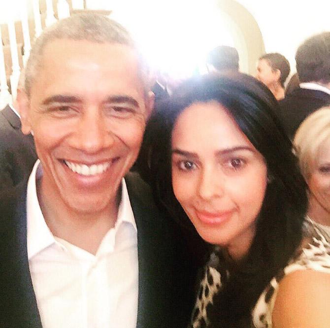 Mallika Sherawat had collaborated with Free a Girl India, of which she is a brand ambassador. It works at rehabilitating victims of child prostitution. In picture: Mallika Sherawat and Barack Obama.