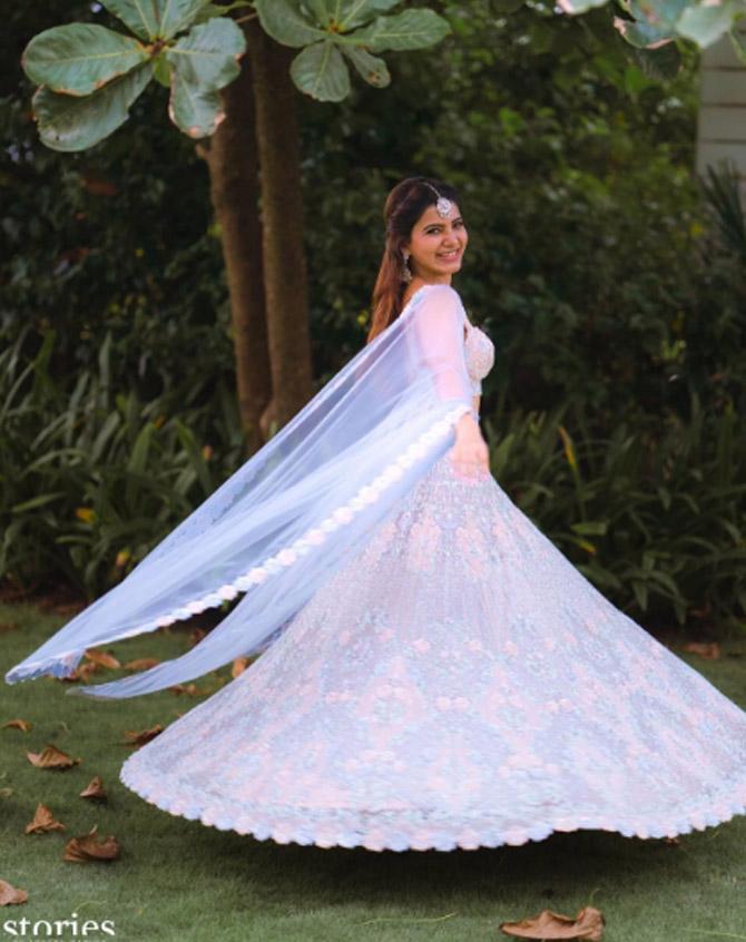 For the Mehendi, Samantha Ruth Prabhu dazzled in a powder blue lehenga, with pink and blue floral embroidery.