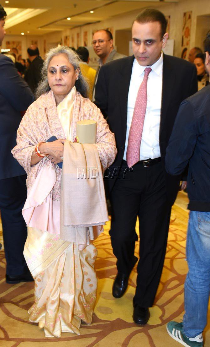 Jaya Bachchan with son-in-law Nikhil Nanda ,at ,the launch of Ritu Nanda's book, 'Raj Kapoor: The One and Only Showman' in Delhi. Nikhil is Ritu's son and is married to Jaya's daughter Shweta Bachchan Nanda