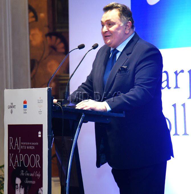 Rishi Kapoor speaks on stage at the launch of Ritu Nanda's book 'Raj Kapoor: The One and Only Showman' in Delhi
