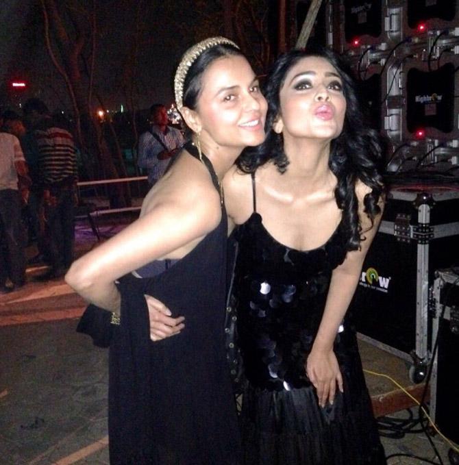 Shriya Saran with a friend at a party at the actress's home in Andheri, Mumbai.