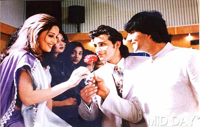 Madhuri Dixit, Saif Ali Khan and Akshay Kumar in Aarzoo (1999). The film also starred Amrish Puri, Paresh Rawal and Reema Lagoo. It was filmed in Mumbai, London and Edinburgh. Directed by Lawrence D'Souza, Aarzoo was not successful at the box-office.