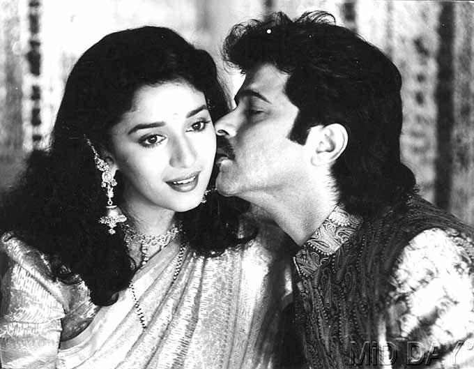 Madhuri Dixit and Anil Kapoor in Jamai Raja (1990). The duo became a popular on-screen lead pair in several popular Bollywood films of the late 1980s and early 1990s.