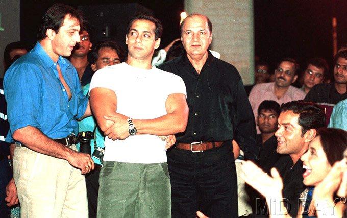 In 1990, Salman Khan gave another Box Office hit with Baaghi: A rebel for love. Salman Khan's hit films in the mid-90s era were - Saajan, Andaz Apna Apna (cult classic), Hum Aapke Hain Koun, Karan Arjun. He had become one of the most loved actors in Bollywood. In picture: Sanjay Dutt, Salman Khan, Prem Chopra, Bobby Deol and Rani Mukerji (seated).
