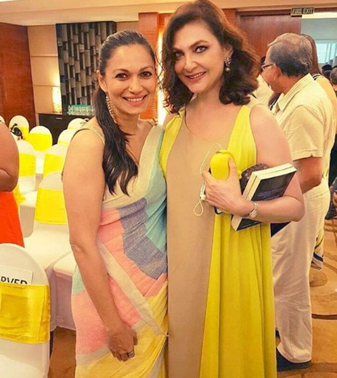 Kimi Katkar poses with Arshad Warsi's wife, Maria Goretti, at an event in Mumbai.